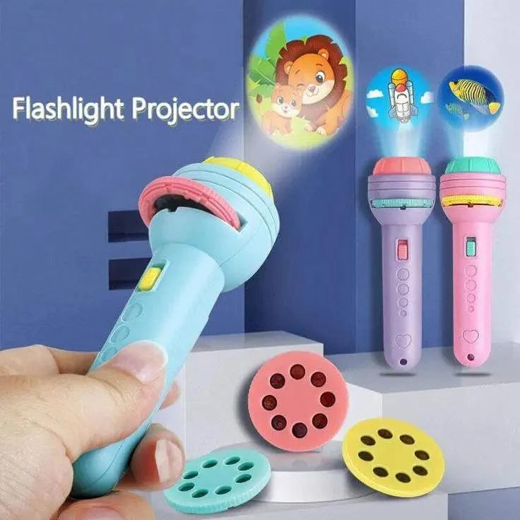 Children's flashlight projector with colorful design and projection of cartoon characters.