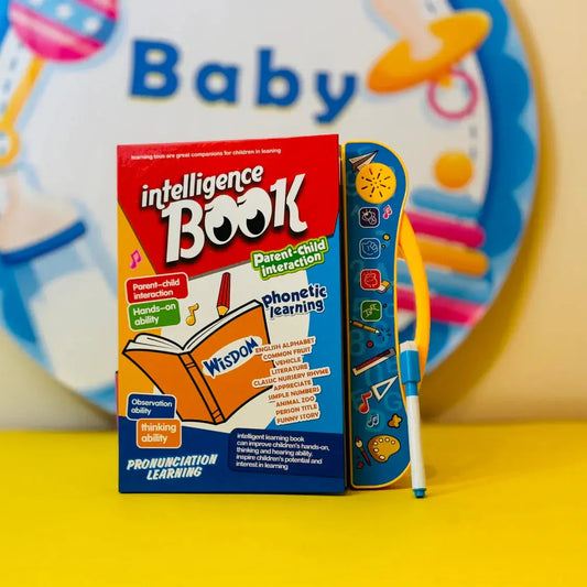 Wisdom Learning 'Intelligence Book' phonetic reading and pronunciation training set, featuring a red and blue book box, a matching blue electronic pointer, and a yellow-and-blue stylus, displayed on a yellow surface with a colorful blurred background.