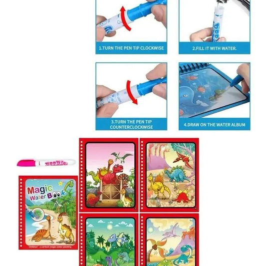 A children's magic water book set shown on a white background, including the illustrated book cover, six sample pages with colorful dinosaur and nature drawings, and four step-by-step usage diagrams showing how to use the water pen.