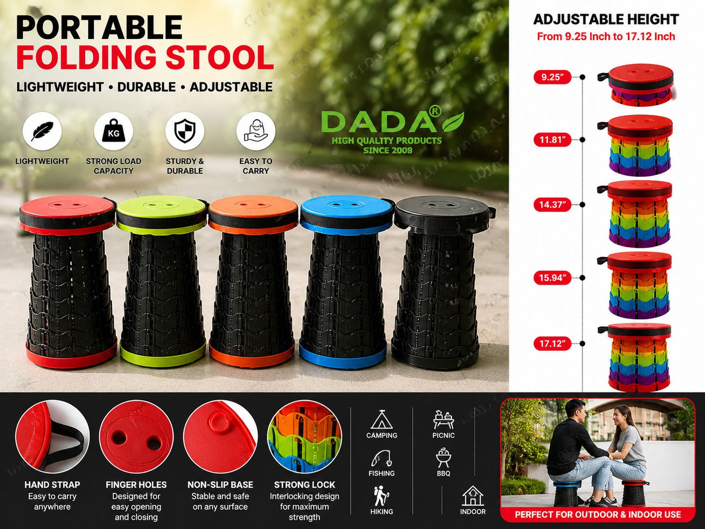 Super Heavy Duty Telescopic Folding Stool | Adjustable Portable Retractable Camping Chair