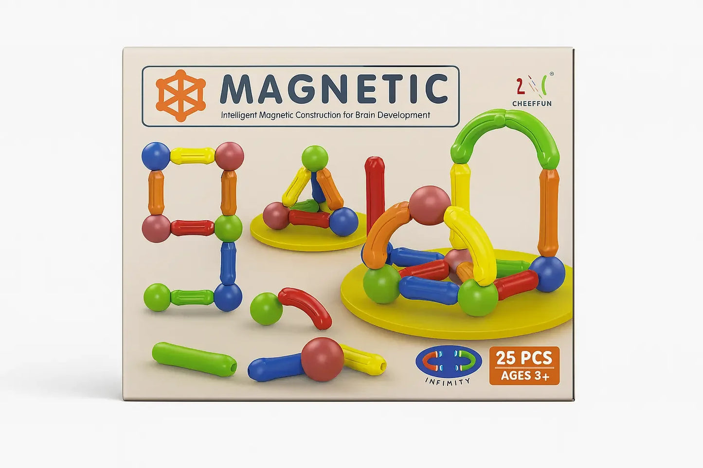 Magnetic building toy set in its retail packaging, featuring colorful plastic magnetic pieces and illustrations of structures built with the set on a light gray background.