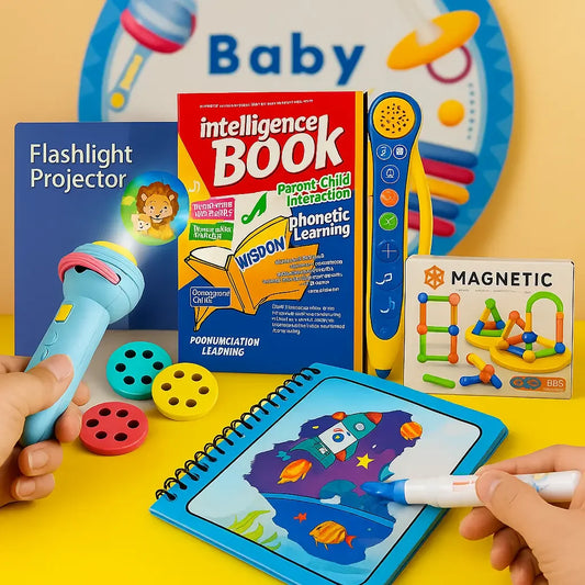 A children's learning toy set arranged on a yellow surface, including a blue flashlight projector being held by a hand, an intelligence book, a point-and-repeat learning tablet, a magnetic track set in its box, and a drawing tablet. The scene includes visible human hands, so by the schema this is Lifestyle rather than Product/Packaging, even though the products are clearly shown.