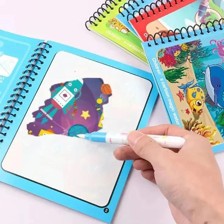 3 Coloring books with colorful illustrations and a hand holding a pen on a white background