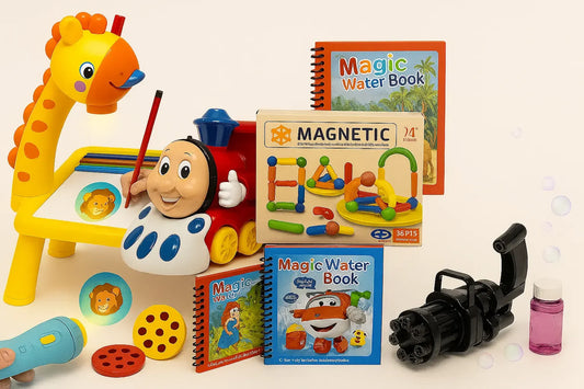 Combo Deal for This Summer for Kids-Water Magic Book-Flash Light Projector-Lighting Train-Bubble Gun-Magnetic Block-Study Light Lamp