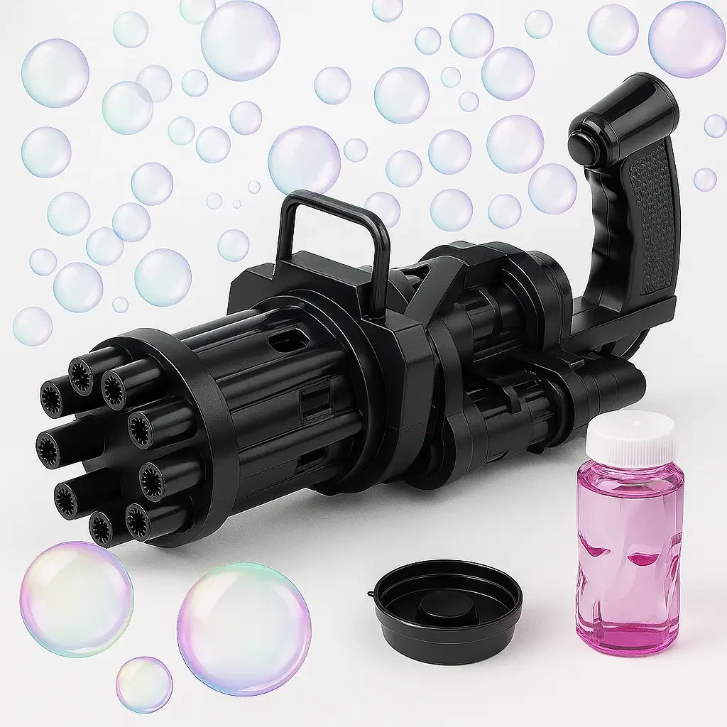 Black plastic toy bubble gun with multiple nozzle barrels, shown with a pink bottle of bubble solution, a black cap, and several iridescent bubbles on a white background.