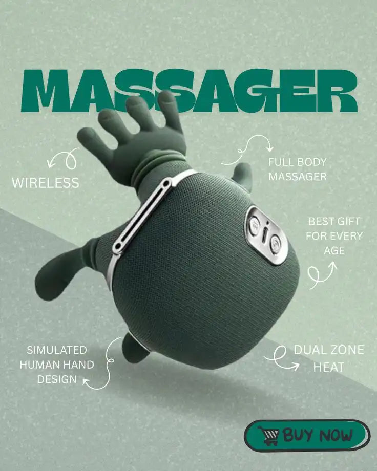 Wireless full-body massager with simulated human hand design on a light green background