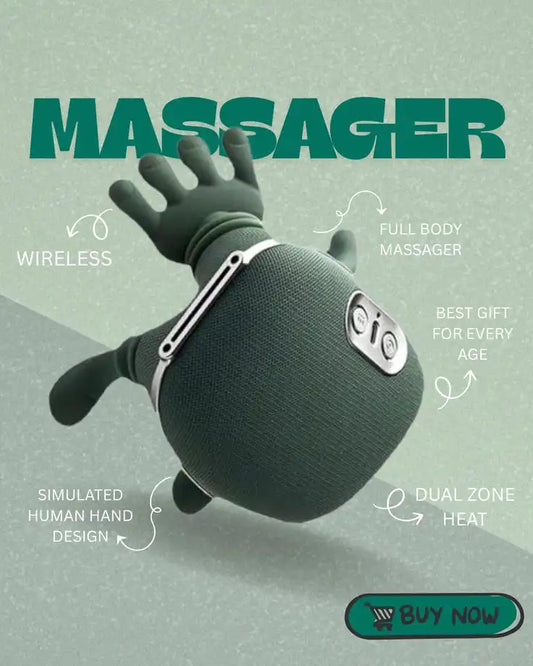Wireless full-body massager with simulated human hand design on a light green background