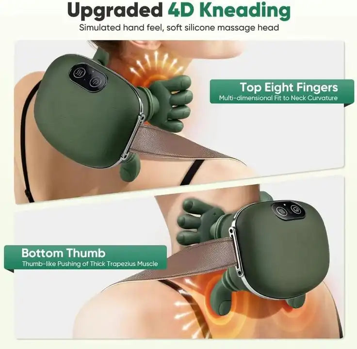 Massage device with green silicone head on a person using it, highlighting features like 'Top Eight Fingers' and 'Bottom Thumb'.