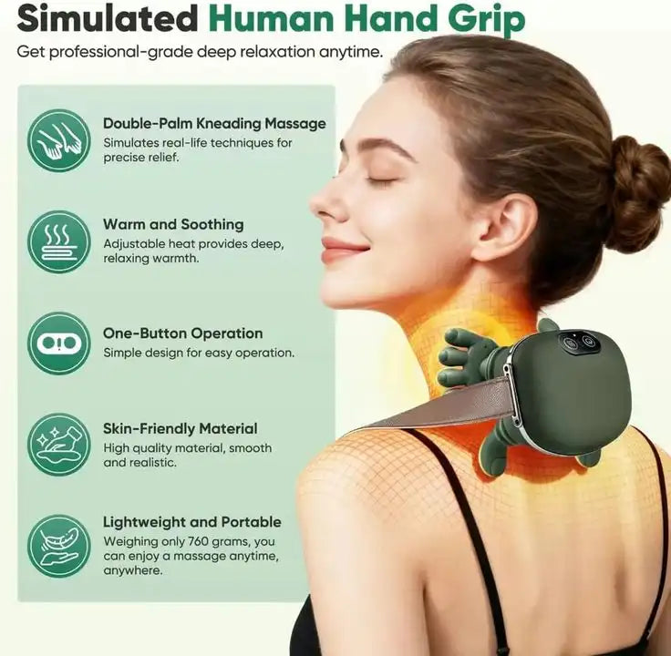 Woman receiving neck massage from a green handheld device with feature list on the left.