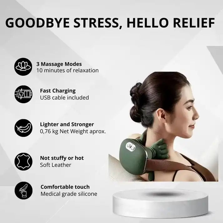 Neck and shoulder massager with features listed on a white background