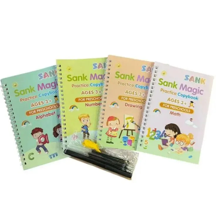 Four colorful spiral-bound children's practice copybooks labeled 'Sank Magic Practice Copybook' with age 3+ text, shown with a small yellow eraser and black pen-like tools in front on a white background.