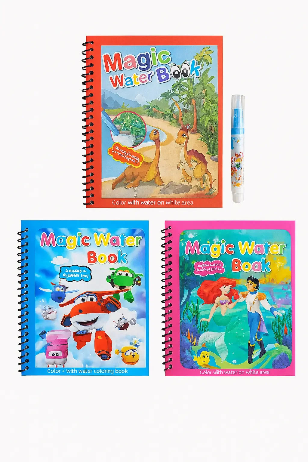 Three colorful spiral-bound Magic Water Books with cartoon illustrations and a matching water pen, arranged on a plain white background.