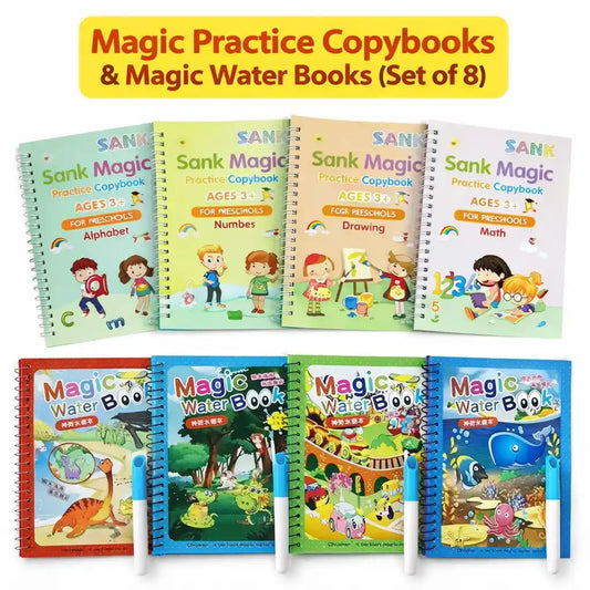 Set of 8 Sank Magic Practice Copybooks and Magic Water Books for children, displayed in a grid with colorful illustrated covers and white pens visible at the bottom.