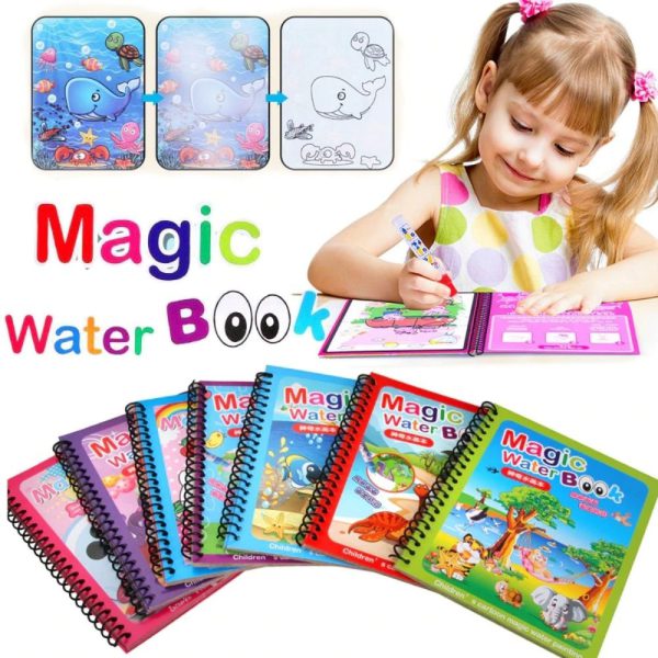 Set of 4 Magic Water Books with a child using one, on a white background.