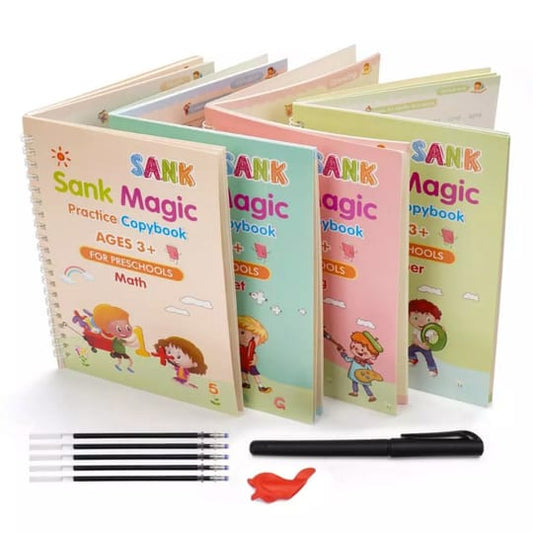 Set of colorful 'Sank Magic' practice copybooks for preschoolers with pens and a red eraser on a white background.
