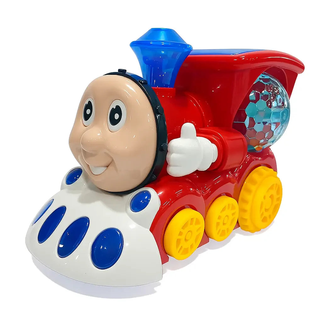 A colorful plastic toy train with a smiling face on the front, a blue smokestack, yellow wheels, and a clear round window showing a honeycomb pattern, photographed on a white background.